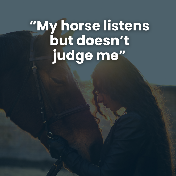 A person with long hair interacts gently with a horse, sharing a thoughtful quote.